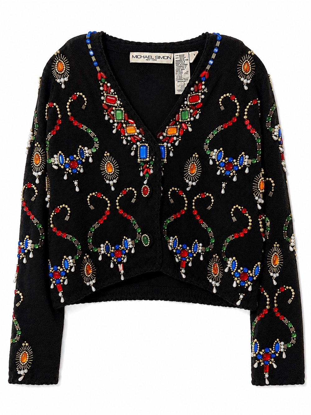 Michael Simon 90s Black Jeweled V-Neck Sweater with Multicolor Embellishment